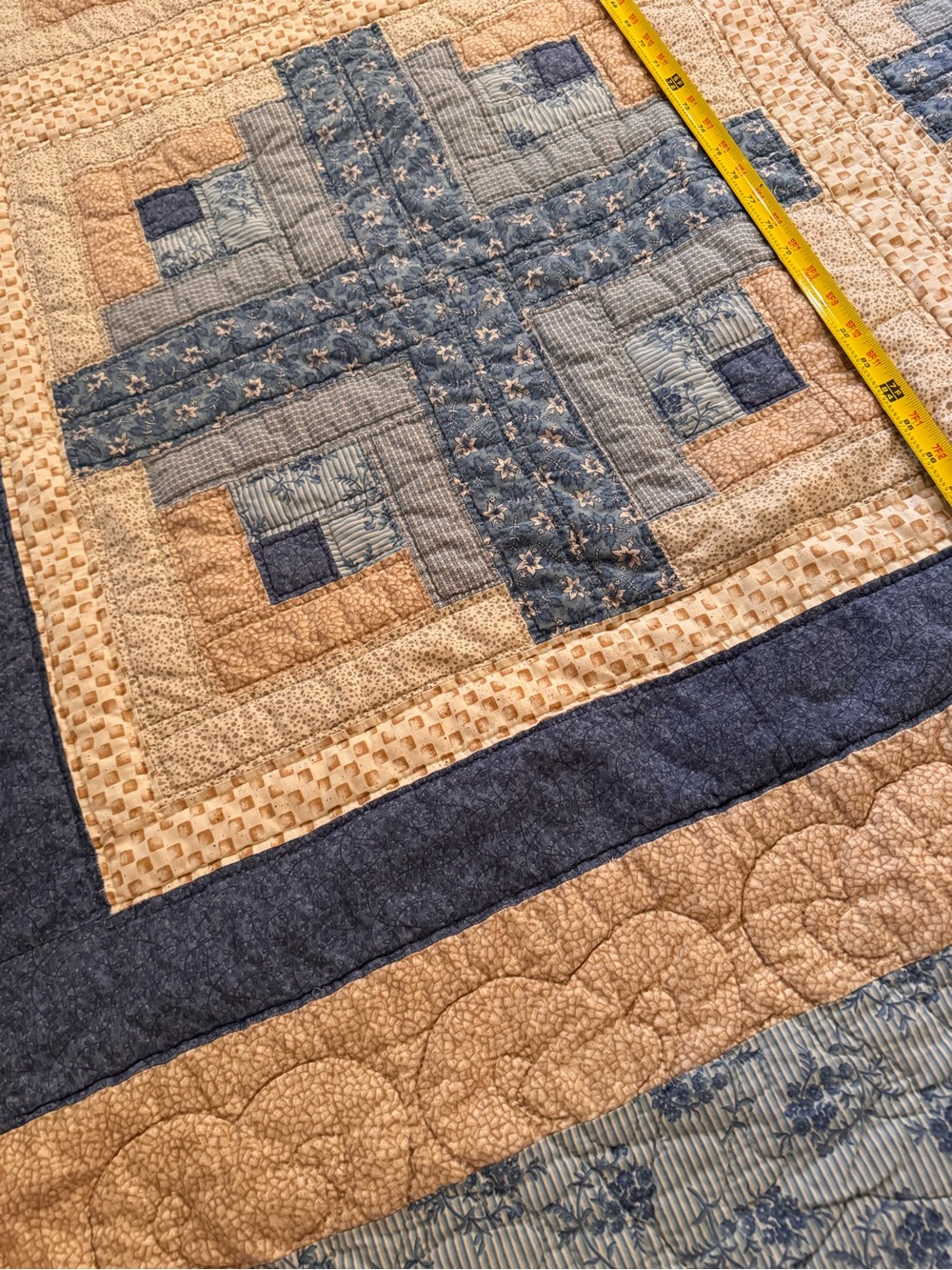 Handmade Log Cabin pattern quilt with blue and tan fabrics - Picture 12 of 16